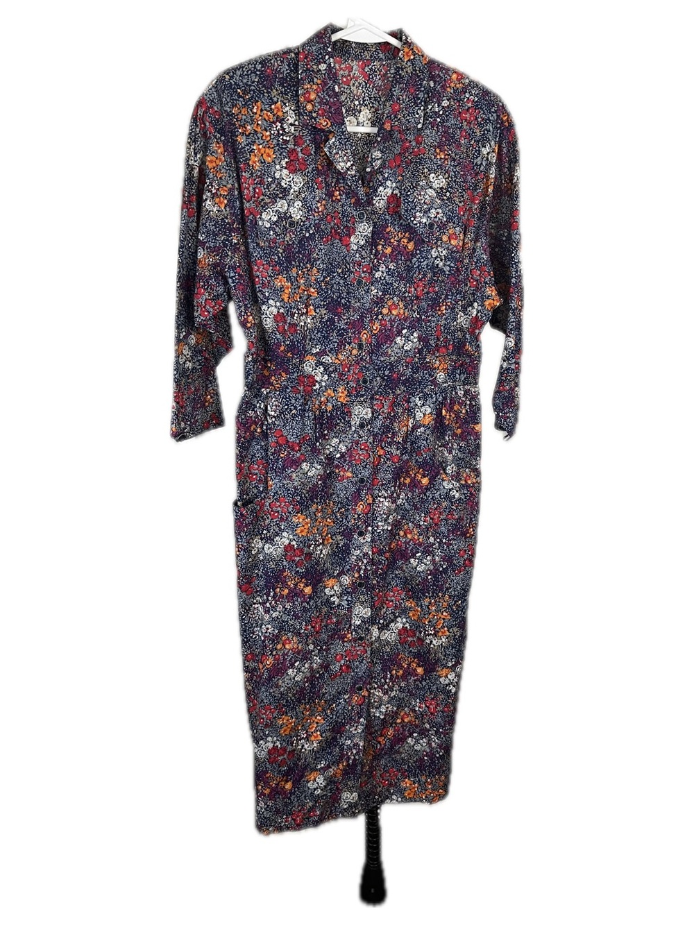 Vintage 90s Handmade Tailored Sheer Navy Floral Button-Front Midi Dress